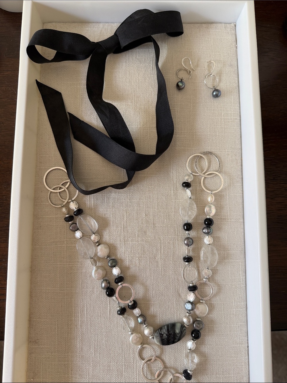 Elegant Black & Silver Beaded Ribbon Necklace with Matching Earrings